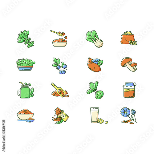 Superfoods variety RGB color icons set. Organic vegetables options. Healthy lifestyle idea. Vegeterian diet dishes planning. Isolated vector illustrations