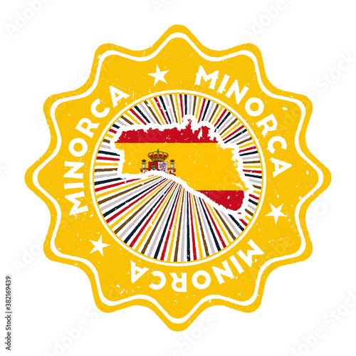 Minorca round grunge stamp with island map and country flag. Vintage badge with circular text and stars, vector illustration.