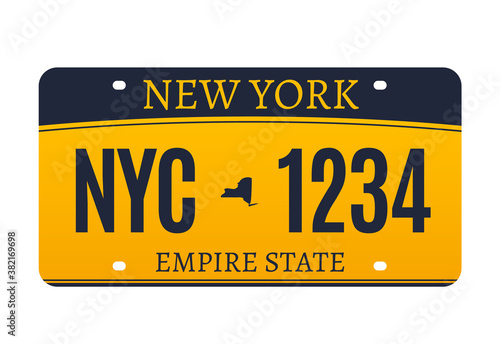 New York licence plate. American metal vehicle registration