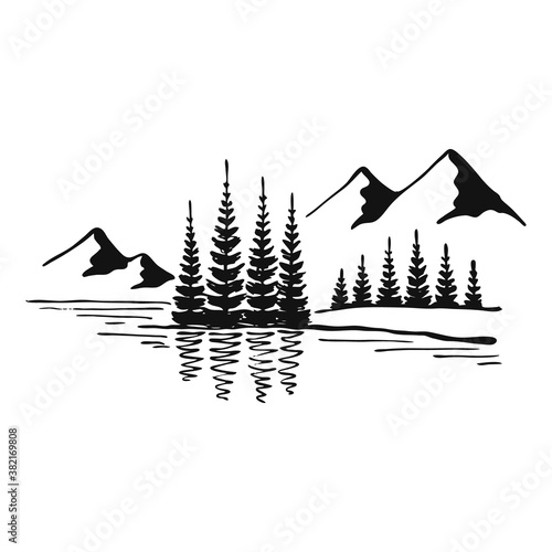 Mountain with pine trees and lake landscape black on white background. Hand drawn rocky peaks in sketch style. Vector illustration.