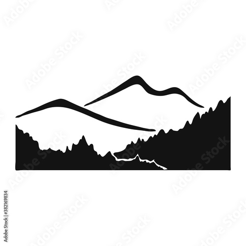 Mountain with pine trees and landscape black on white background. Hand drawn rocky peaks in sketch style. Vector illustration.