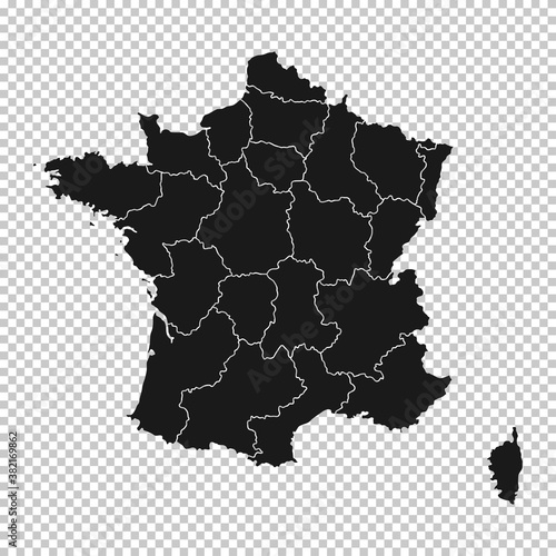 France Map - Vector Solid Contour and State Regions on Transparent Background