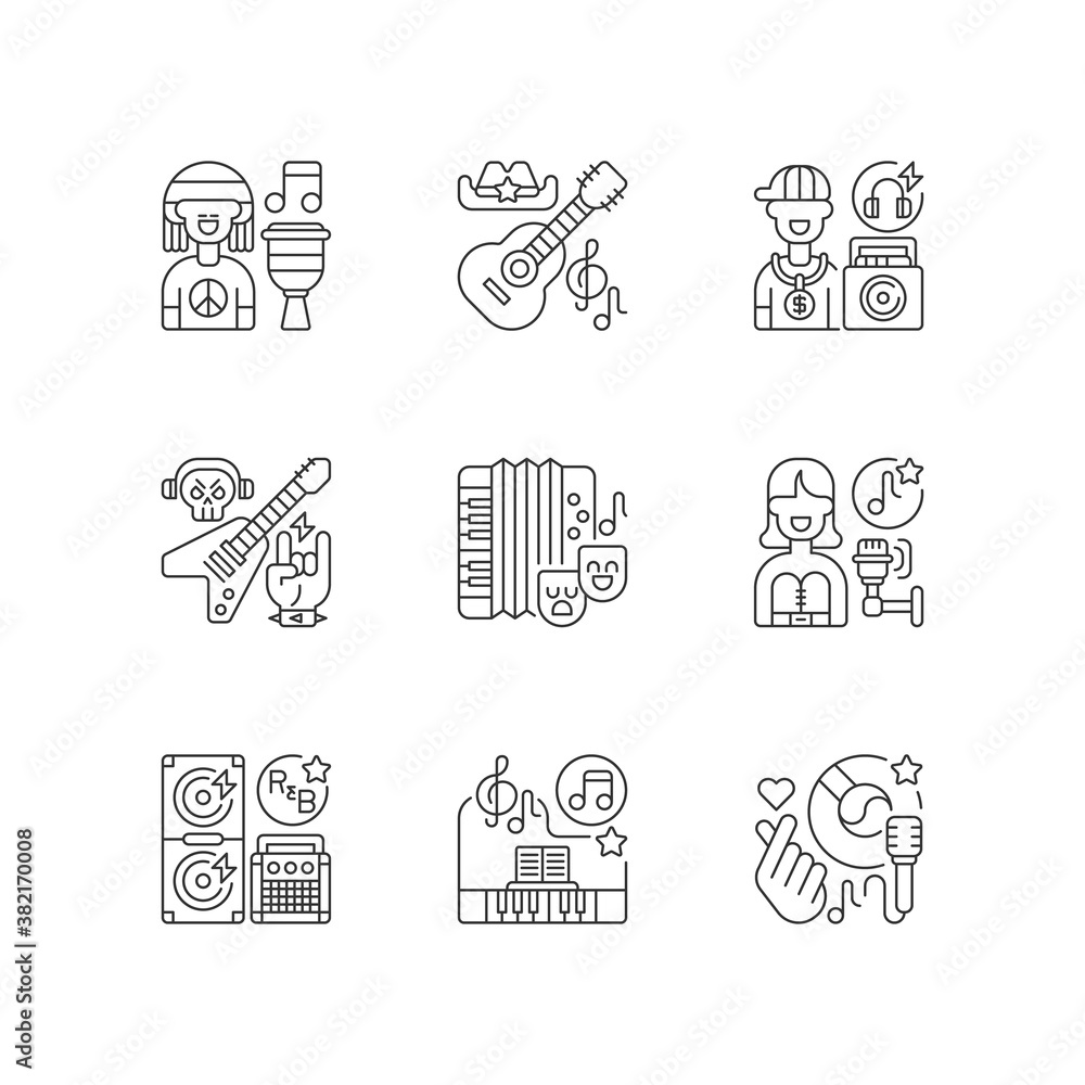 Naklejka premium Musical songs types pixel perfect linear icons set. Different genres. National musical instruments. Customizable thin line contour symbols. Isolated vector outline illustrations. Editable stroke