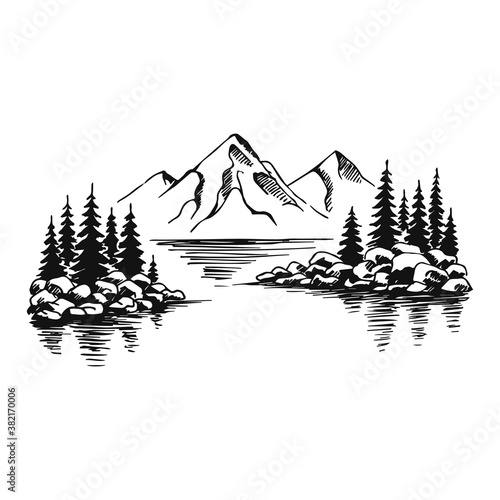 Mountain with pine trees and lake landscape black on white background. Hand drawn rocky peaks in sketch style. Vector illustration.