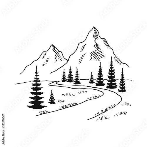 Road to mountains. Landscape black on white background. Hand drawn rocky peaks in sketch style. Vector illustration.