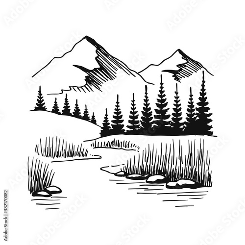 Mountain with pine trees and lake landscape black on white background. Hand drawn rocky peaks in sketch style. Vector illustration.