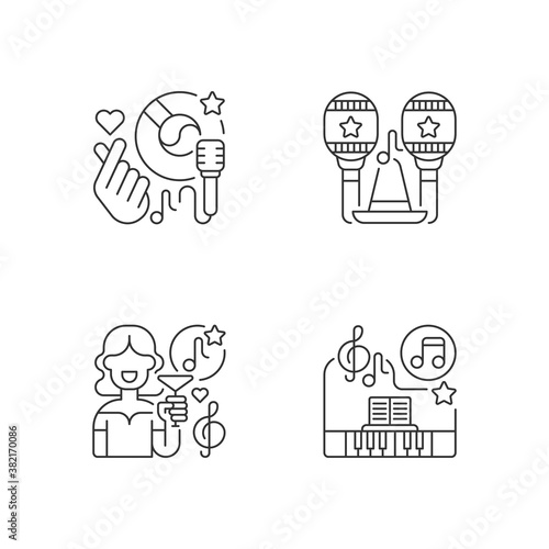 Party songs ideas pixel perfect linear icons set. Latin musical instruments. Fancy lounge music. Customizable thin line contour symbols. Isolated vector outline illustrations. Editable stroke