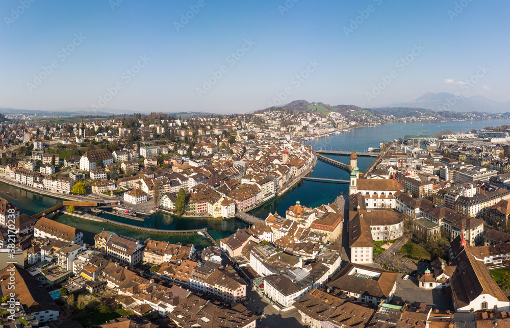 Aerial panorama of Lucerne old town with its famous Chapel bridge on the Reuss river and Lucerne lake in Central Switzerland