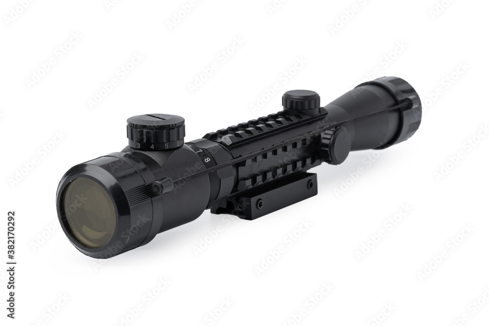 Black optical scope for weapon isolated on white