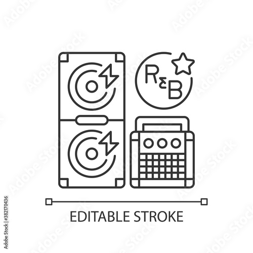 Rhythm and blues pixel perfect linear icon. Huge loudspeaker. Song tune instructions. Thin line customizable illustration. Contour symbol. Vector isolated outline drawing. Editable stroke