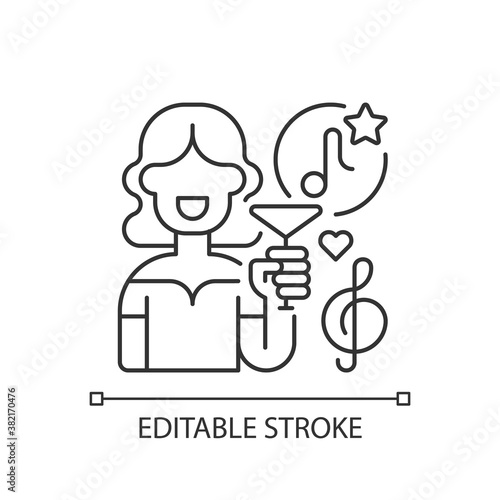 Lounge music pixel perfect linear icon. Different musical events. Woman with cocktail in hand. Thin line customizable illustration. Contour symbol. Vector isolated outline drawing. Editable stroke