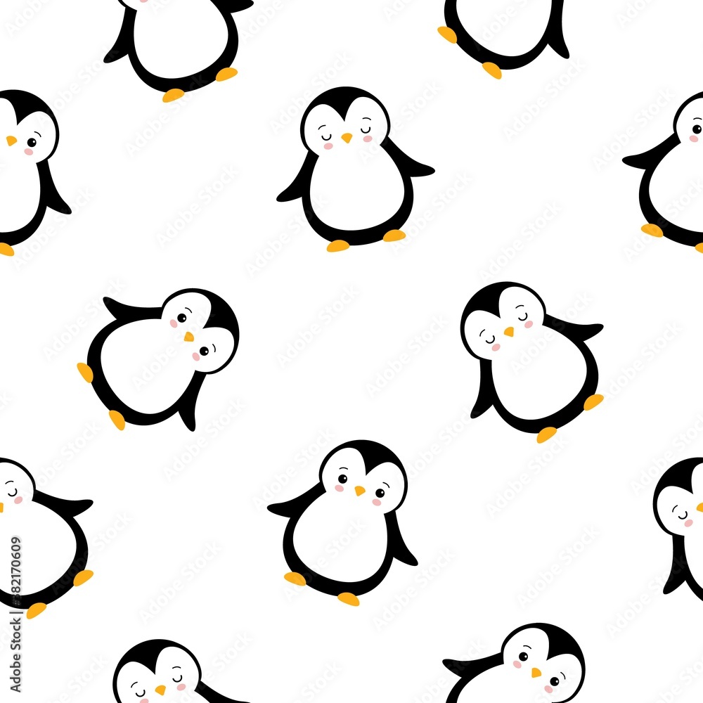 Fototapeta premium Cute penguin babies. Vector cartoon seamless pattern on white background