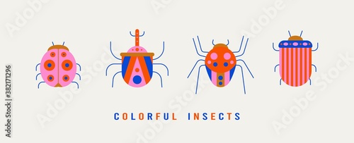 Various abstract Bugs. Different insects. Minimalistic scandinavian colorful Icons. Simple flat geometric design. Trendy bright Vector illustrations for kids. All elements are isolated