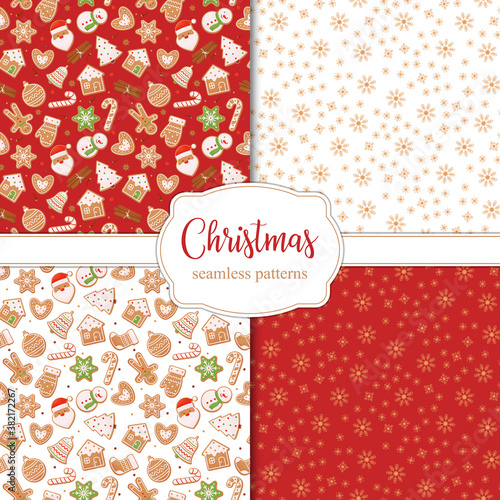 Set of seamless Christmas patterns with snowflakes and different gingerbread cookies on a red and white background.