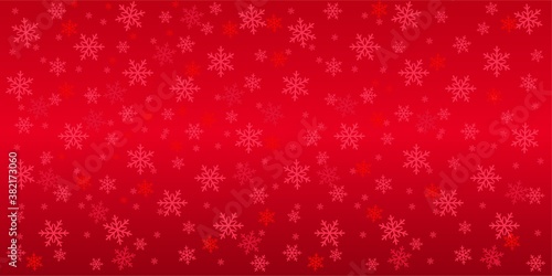 Red winter background with snowflakes, vector drawing, new year, holidays or christmas background with red gradient color