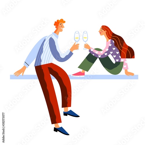 Couple celebrating with wine. Happy holiday celebration vector illustration. Festive party at home, happy romantic couple drinking wine together. Night indoor with drink