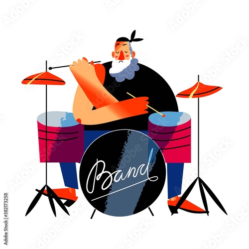 Man playing rock music on drums at concert show. Musician drummer player at modern festival. Popular entertainment scene vector illustration. Male rockstar on white background