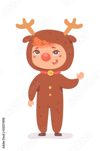 Kid in reindeer costume for Christmas winter party. Cute happy child wearing funny xmas suit vector illustration. Boy dressed as deer with antlers, smiling and waving on white background