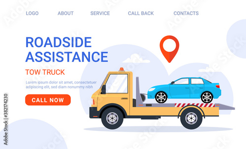 Car tow truck accident roadside assistance. Crash breakdown flatbed blue car recovery tow truck