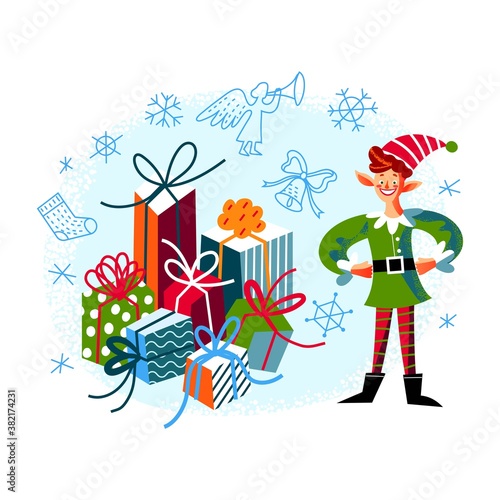 Christmas elf with presents. Cute xmas character preparing new year gifts with ribbons in pile. Winter holiday vector illustration. Funny little boy in dwarf outfit, december season background