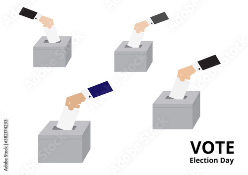 Hands of Eligible voters in suit dropping ballots in the election box vector and illustration isolated on white background