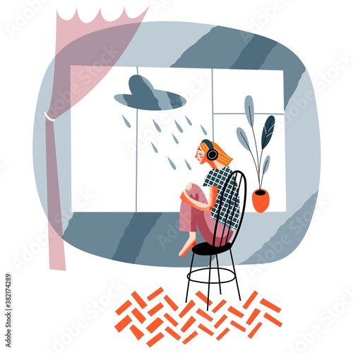 Sad lonely woman listening to music. Depressed girl feeling loneliness, grief, pain, despair, sorrow. Mental health and support vector illustration. Upset female alone at home