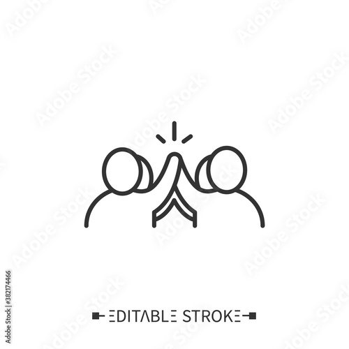 Community involvement icon. People give high-five and communicate. Outline drawing. Residents involved in decision-making concept. Isolated vector illustrations. Editable stroke 