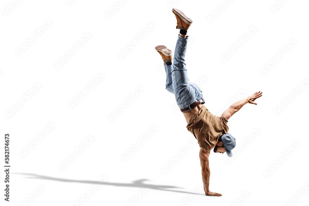Young Fit Man In Jeans Performing A One Handstand Stock 写真 Adobe Stock