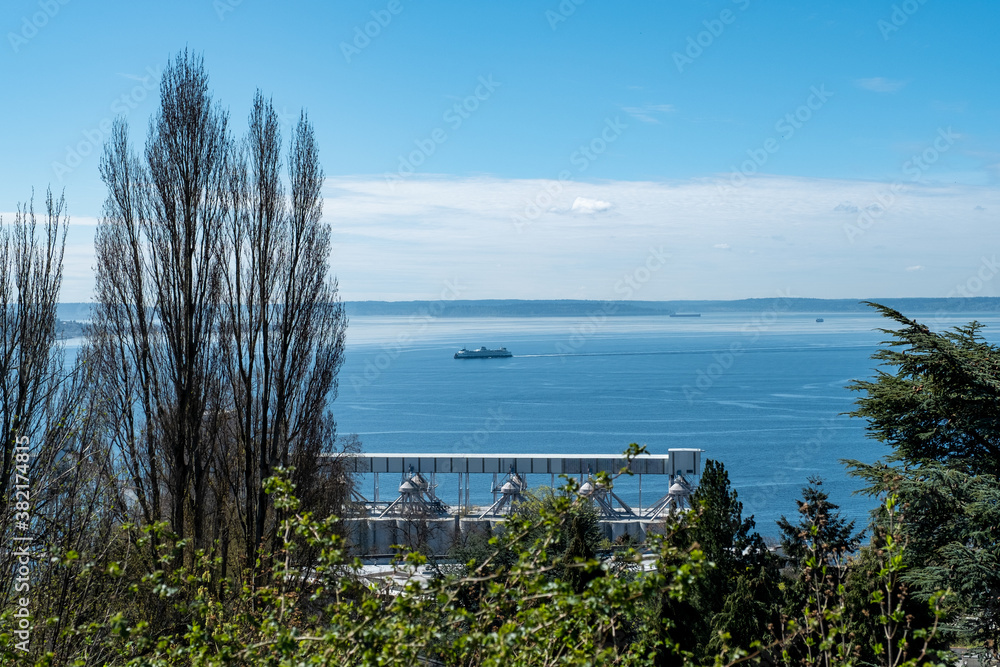 Freighter on Elliott Bay in Seattle on sunny day Freighter on Elliott Bay in Seattle on sunny day