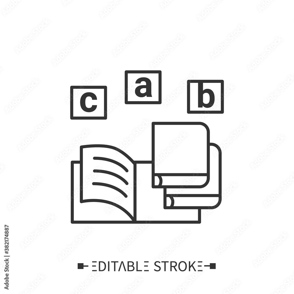 Student books line icon. Workbook. Education literature, methodist materials. Foreign languages learning methods and translation education concept. Isolated vector illustration. Editable stroke Student books line icon. Workbook. Education literature, methodist materials. Foreign languages learning methods and translation education concept. Isolated vector illustration. Editable stroke