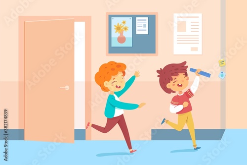 Children playing at school hall. Happy cute boys running during break and laughing. Education vector illustration. Playful fun time in hallway