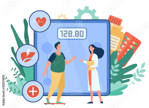 Fat person consulting doctor. Man suffering from obesity, overweight problem, having diabetes and heart disease risk. For healthcare, health, last lifestyle concept