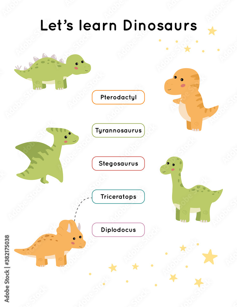 Educational matching word game for preschool kids. Learn dinosaurs. Cute cartoon kawaii characters. Study english vocabulary.