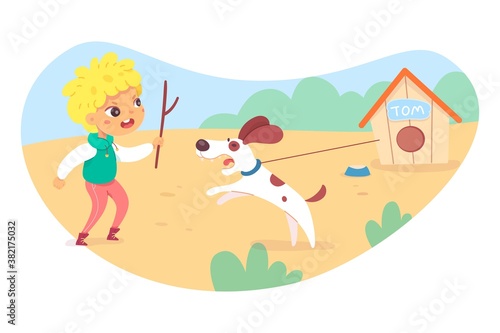 Angry naughty boy teases dog with stick, yells at animal