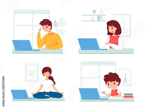 People at distance learning scenes set. Students study online at laptops