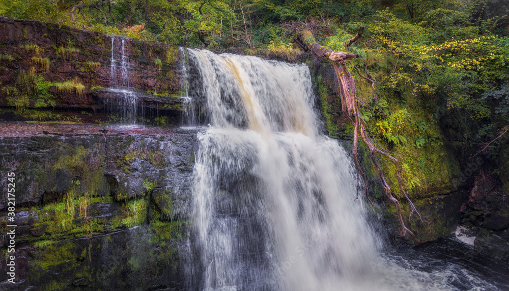 Fototapeta premium Water gushing over the ledged waterfall on the Mellte river after days of rain near Pontneddfechan in South Wales, UK.
