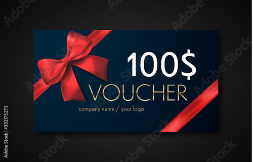 Gift voucher with red ribbon and bow. Discount gift cards template. Vector illustration