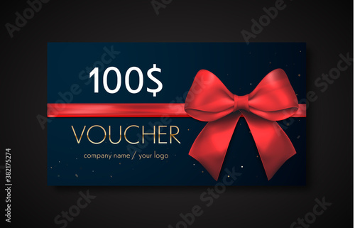 Gift voucher with red ribbon and bow. Discount gift cards template. Vector illustration