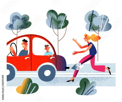 Angry man leaving with son in car after conflict with wife. Woman and man quarreling, father drives away, sad child suffering, wife crying. Unhappy marriage vector illustration. Domestic quarrels