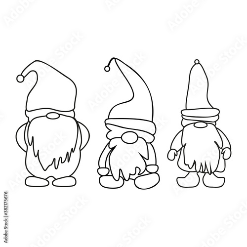Doodle illustration with gnome outline christmas. Vector gnomes cartoons, black silhouettes isolated on white.