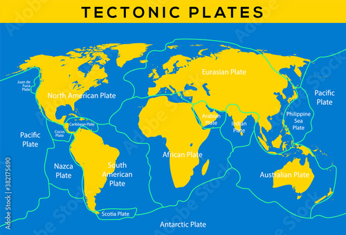 Tectonic plate earth map. Continental ocean pacific, volcano lithosphere geography plates