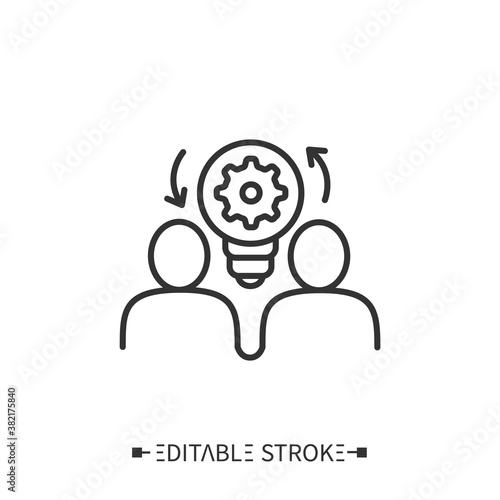 Creative collaboration icon. Two people sharing thoughts depicted via lightbulb. Outline drawing. Creating ideas through teamwork concept. Isolated vector illustrations. Editable stroke 