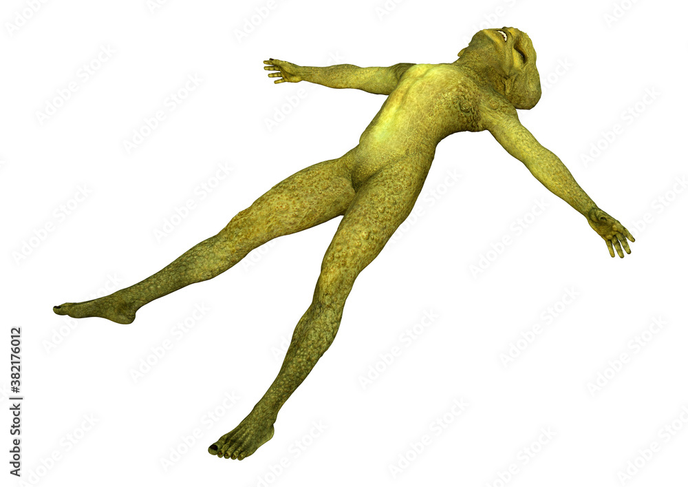 3D Rendering Green Alien on White