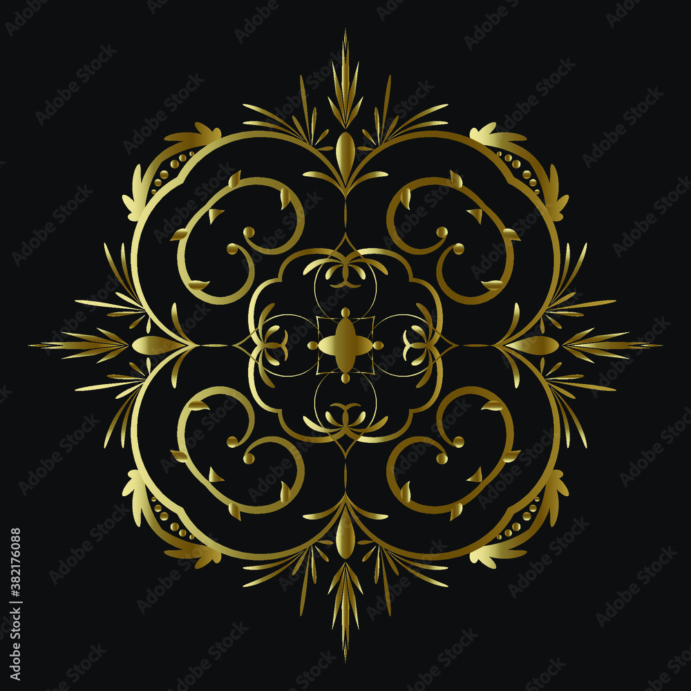 Decorative Gold Round Pattern, Monogram on a Black Background. Vector floral symbol for cafe, restaurant, shop, print, stamp, elegant wedding invitation card.