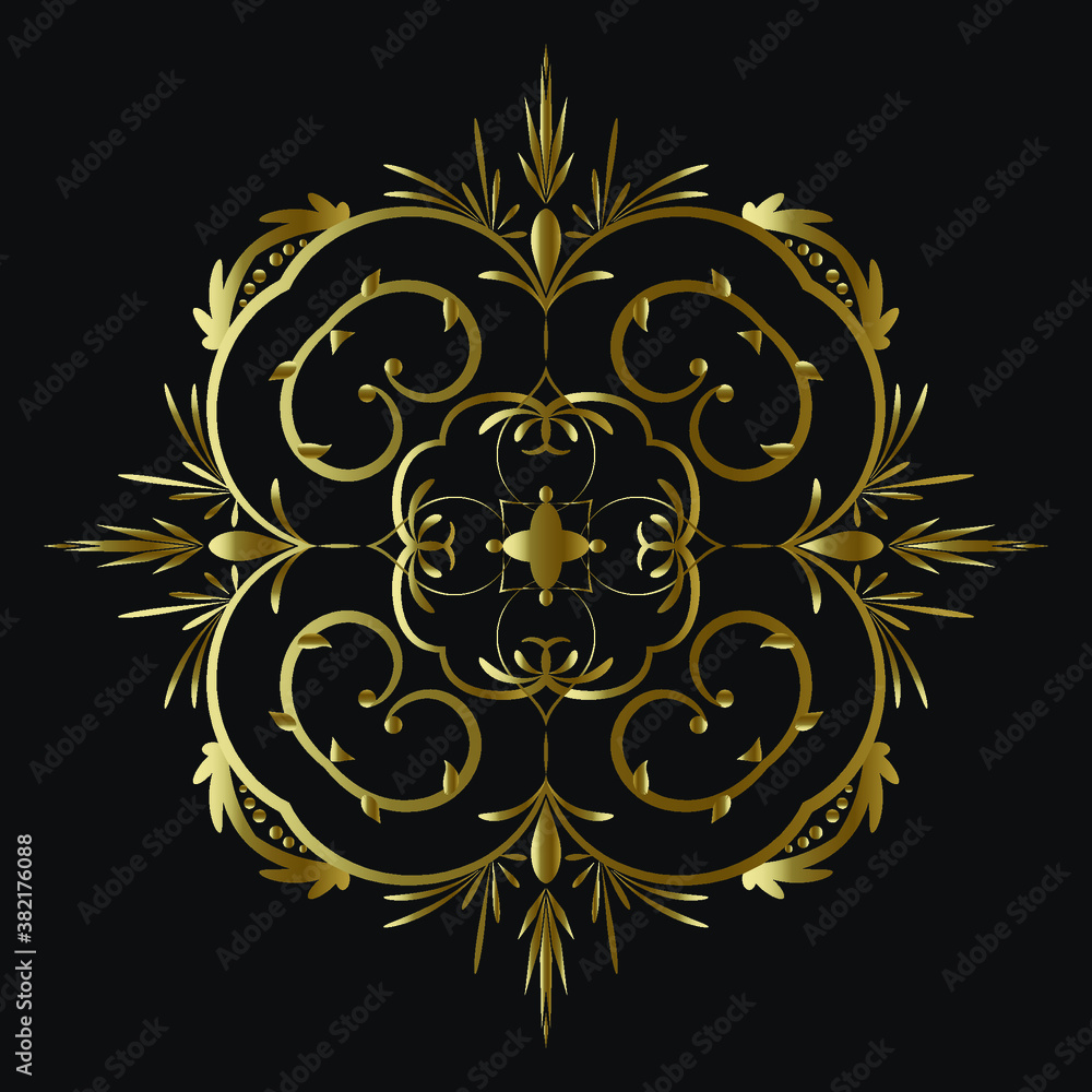 Decorative Gold Round Pattern, Monogram on a Black Background. Vector floral symbol for cafe, restaurant, shop, print, stamp, elegant wedding invitation card. Decorative Gold Round Pattern, Monogram on a Black Background. Vector floral symbol for cafe, restaurant, shop, print, stamp, elegant wedding invitation card.