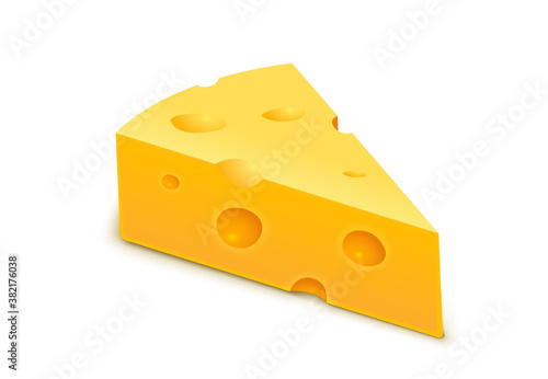 Vector cheese cheddar piece. Slice block of swiss cheese. Triangle realistic isolated yellow icon