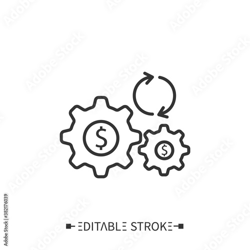 Capital synergies icon. Working cogwheels depict money flow in corporations. Outline drawing. Reducing working capital and borrowing costs concept. Isolated vector illustrations. Editable stroke 