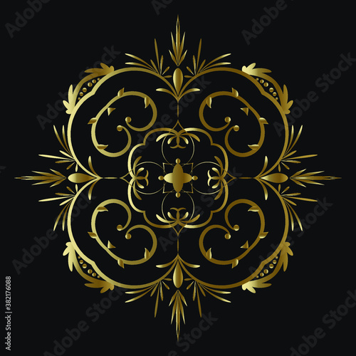 Decorative Gold Round Pattern, Monogram on a Black Background. Vector floral symbol for cafe, restaurant, shop, print, stamp, elegant wedding invitation card.