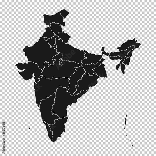 India Map - Vector Solid Contour and State Regions on Transparent Background