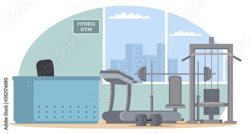 Closed empty fitness gym front view background. Economy fail due to covid epidemic vector illustration. Empty sport center inside interior with equipment, treadmill, dumbbells, weights